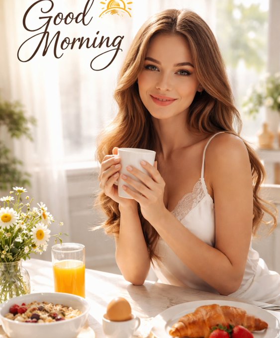 A 'Good Morning' greeting card featuring a woman with long wavy hair in a white lace-trimmed nightgown holding a mug, with a breakfast spread of croissants, cereal, orange juice, and daisies on the table.