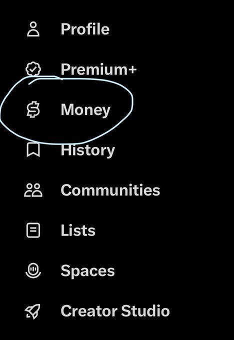 A dark navigation menu showing options like Profile, Premium+, Money (circled in blue), History, Communities, Lists, Spaces, and Creator Studio.