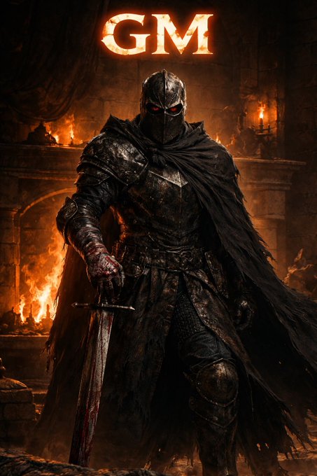 A dark fantasy digital artwork of a menacing armored knight holding a bloodied sword, with glowing 'GM' text displayed prominently above.