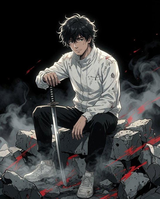 Anime-style illustration of a young man with messy dark hair sitting on rubble in a white button-up shirt and black pants, holding a katana sword with smoke and red streaks in the background.