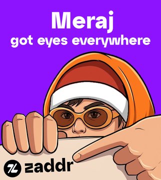 A cartoon book or app cover titled 'Meraj got eyes everywhere' by zaddr, depicting a character with sunglasses peering over a ledge with pointing fingers.
