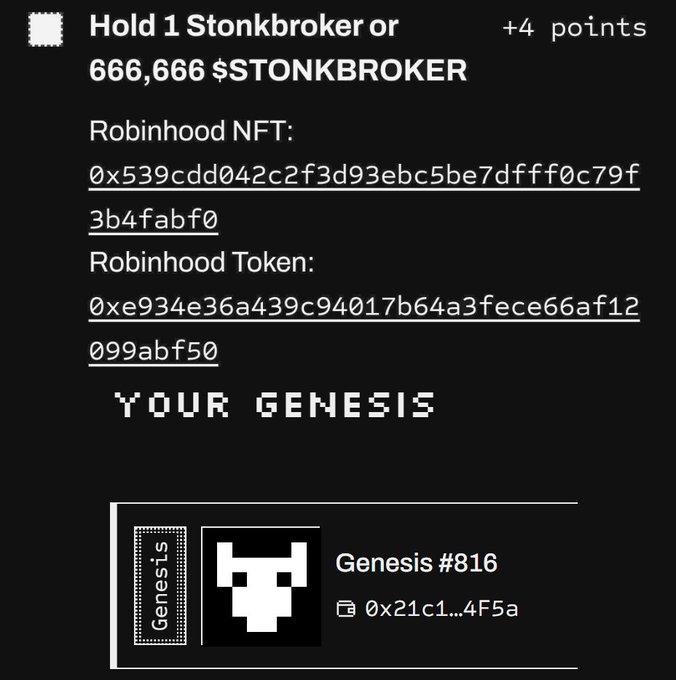 A screenshot showing requirements to "Hold 1 Stonkbroker or 666,666 $STONKBROKER" for +4 points, with Robinhood NFT and Token contract addresses, and a "YOUR GENESIS" section showing "Genesis #816".