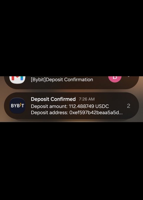 A mobile phone notification from Bybit displays "Deposit Confirmed" for 112.488749 USDC at 7:26 AM, sent to the deposit address 0xef597b42beaa5a5d... The image supports the post by showing the creator receiving a crypto payout of approximately $112 in USDC, illustrating their point about earning through Web3 gigs despite being sidelined from other revenue streams.