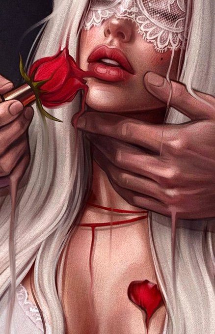 Digital illustration of a veiled woman with a lace blindfold holding a red rose near her lips, with a hand lifting her chin and red liquid dripping down, complementing the "Gm" (good morning) greeting with a dark, sensual aesthetic.