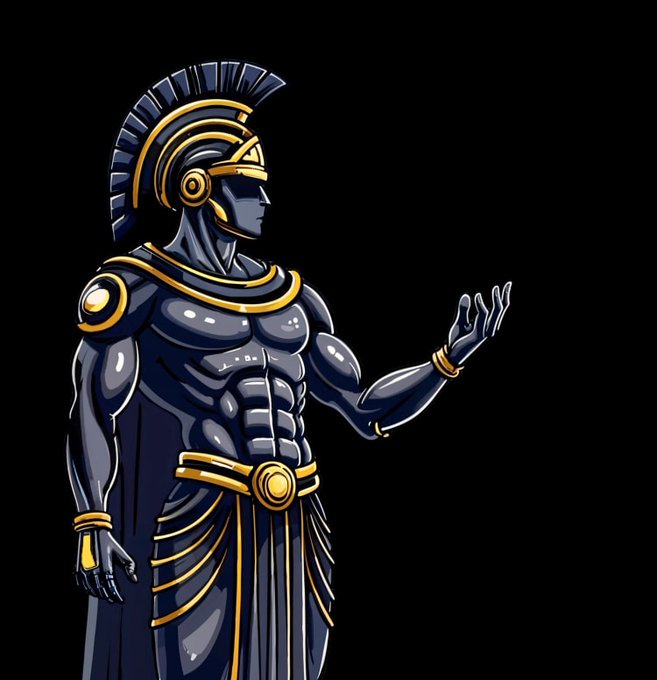 A digital illustration of a muscular warrior in dark armor with gold accents and a Roman-style plumed helmet, standing with one hand raised against a black background.