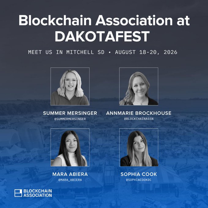 A promotional poster for 'Blockchain Association at DAKOTAFEST' meeting in Mitchell SD on August 18-20, 2026, featuring headshots and social media handles of four women: Summer Mersinger (@summermersinger), Annmarie Brockhouse (@blockchainssn), Mara Abiera (@mara_abiera), and Sophia Cook (@sophiacookdc).