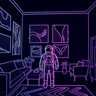 A neon-style purple and pink line art illustration of an astronaut standing in a room with furniture and framed pictures on the walls.