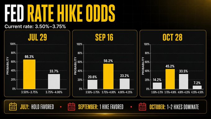 Bar chart showing Federal Reserve rate hike odds across three 2025 meetings—July 29 (66.3% hold at 3.50%-3.75%), September 16 (56.2% favoring a hike to 3.75%-4.00%), and October 28 (45.2% expecting a hike to 3.75%-4.00%)—reflecting a market view that the Fed will likely deliver one additional rate increase by year's end.