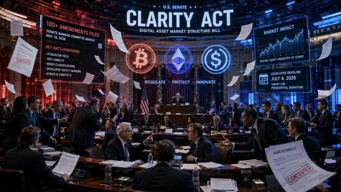 A bustling U.S. Senate hearing room scene depicts the 'CLARITY ACT' Digital Asset Market Structure Bill, with displays showing '100+ AMENDMENTS FILED', Bitcoin and Ethereum logos, and a 'LEGISLATIVE DEADLINE JULY 4, 2026'.