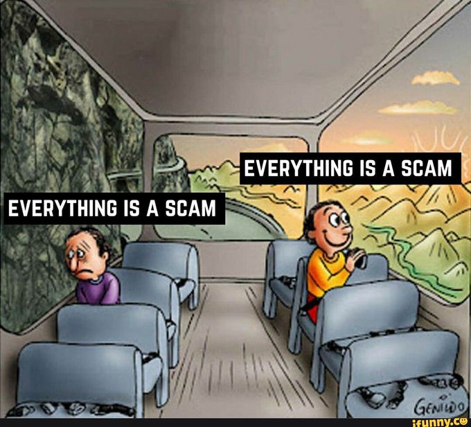 The image is a meme using the famous "Two guys on a bus" template, showing one person in despair seeing a bleak rocky view with the caption "EVERYTHING IS A SCAM," while another person happily looks out at a beautiful landscape with the same caption—illustrating how perspective determines whether something feels like a scam or an opportunity.

This connects to the post about meme coins by suggesting that whether you view them as scams or golden opportunities depends entirely on your outlook and mindset as an investor.