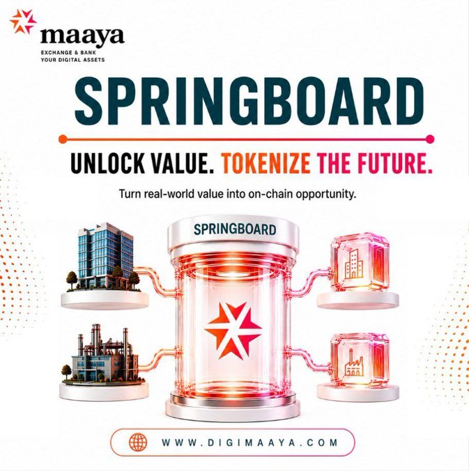 Maaya 'Springboard' promotional graphic with tagline 'Unlock Value. Tokenize The Future. Turn real-world value into on-chain opportunity,' featuring 3D illustrations of real estate, factories, and digital assets linking to www.digimaaya.com.