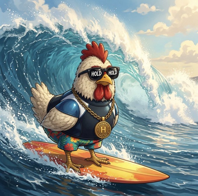 A digital illustration of a chicken wearing sunglasses that say "HOLD", a gold chain with a "HENRY HOLDING" medallion, a wetsuit, and floral shorts, surfing on an orange surfboard through an ocean wave.