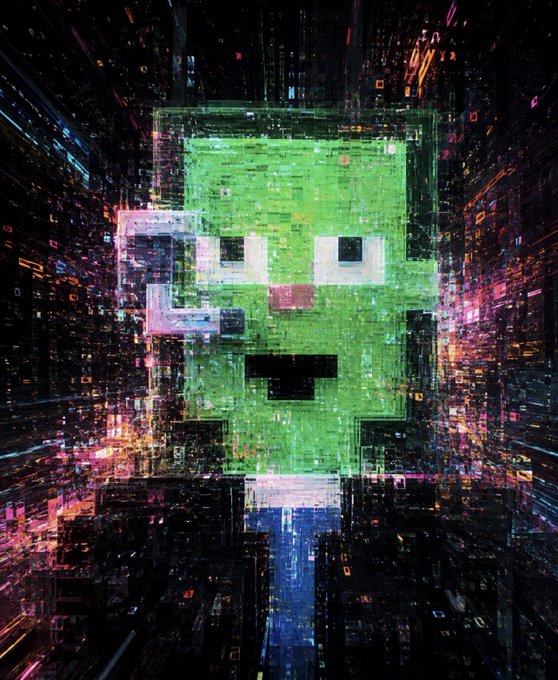 Digital glitch art of a green pixelated character set against a vibrant, neon-lit futuristic cityscape background.