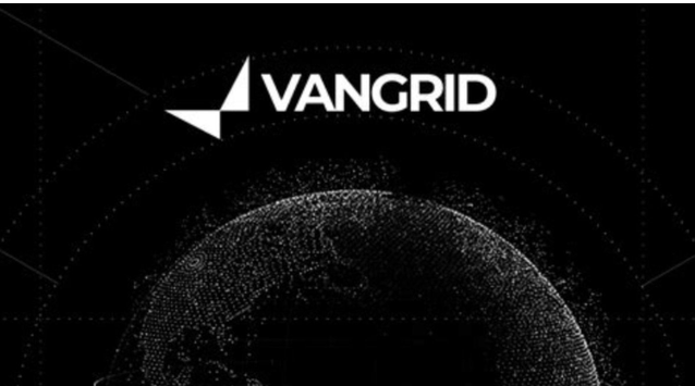 A digital logo for "VANGRID" appears in white text with a geometric icon against a black background featuring a stylized dotted globe.
