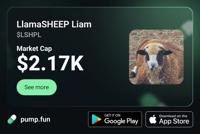 The image features a promotional card for the meme coin "LlamaSHEEP Liam" ($LSHPL) showing a market cap of $2.17K, accompanied by a photo of a brown and white llama/sheep, with pump.fun branding and Google Play and App Store download buttons at the bottom. The graphic serves as a visual advertisement for the coin, directing viewers to the pump.fun link to view or purchase $LSHPL.