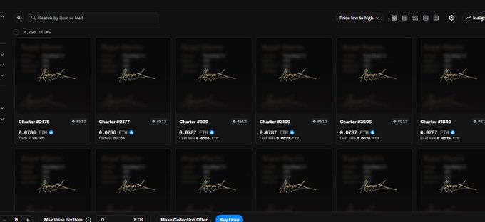A dark-themed NFT marketplace interface displaying a grid of 'Charter' NFT items priced at 0.8787 ETH with #513, #512, #515, #516, etc. as edition numbers, showing 4,668 items total.