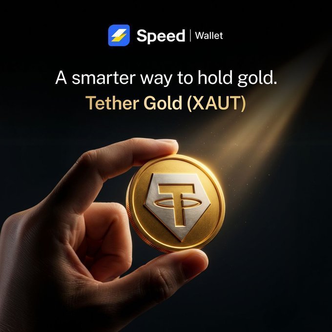 Advertisement for Speed Wallet showing a hand holding a gold Tether Gold (XAUT) coin with the tagline 'A smarter way to hold gold.'