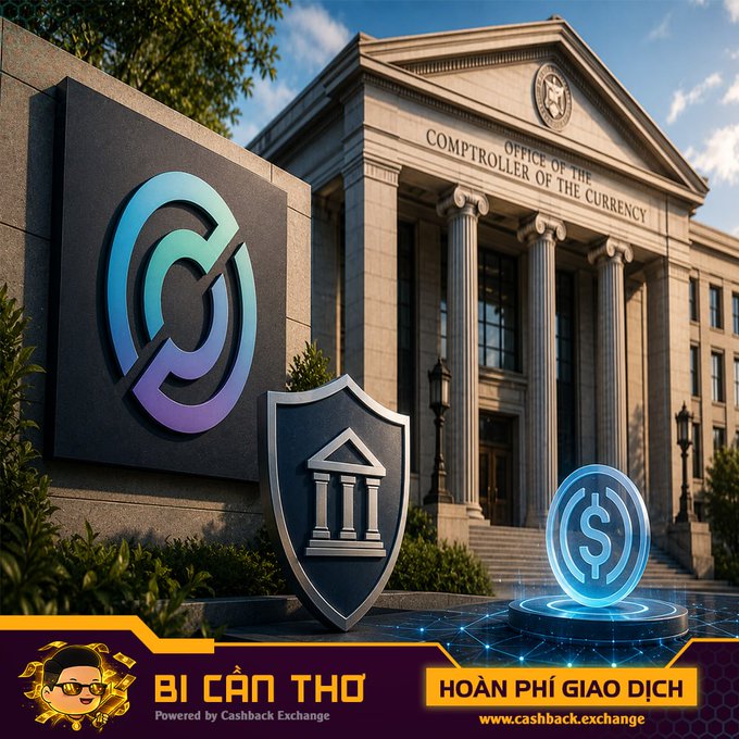 A promotional image featuring the Office of the Comptroller of the Currency building alongside a stylized 'C' logo and shield, with Vietnamese text 'Bí Cẩn Thơ' and 'HOÀN PHÍ GIAO DỊCH' and the URL www.cashback.exchange.