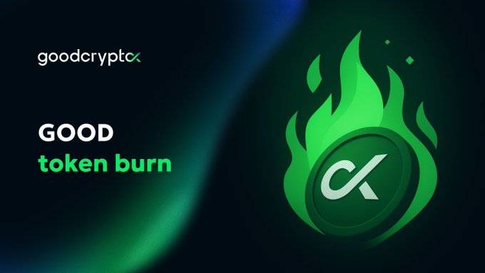 A promotional graphic for 'goodcrypto' featuring a green flame design wrapped around a coin with the 'CK' logo, advertising a 'GOOD token burn' event.