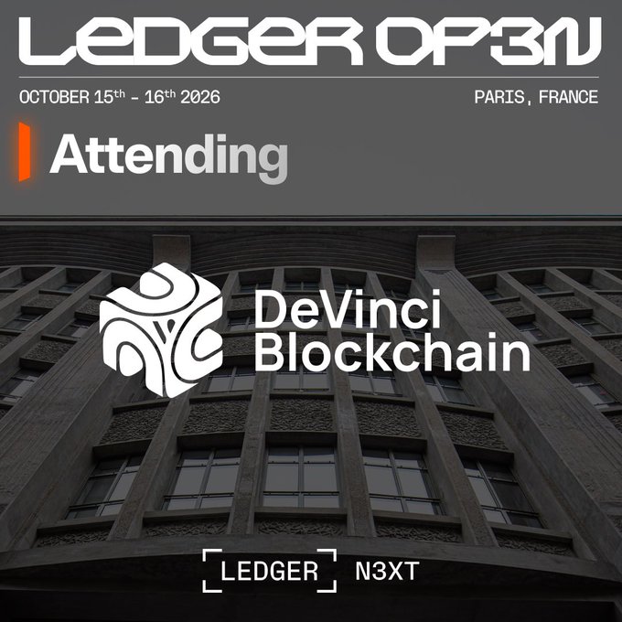 A promotional graphic for 'Ledger Open' event taking place October 15th-16th 2026 in Paris, France, showing DeVinci Blockchain will be attending, with Ledger and N3XT branding.