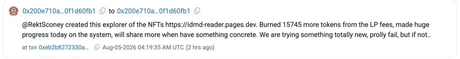 A crypto transaction note from address 0x200e710a...0f1d60fb1 announces that @RektScience created an NFT explorer at https://idmd-reader.pages.dev, burned 15,745 tokens from LP fees, and teased "something totally new" they expect to launch despite possibly failing—aligning with the post's excitement about the $IMD token's innovative v4 hooks.