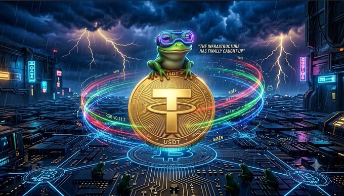 A digital artwork of a green frog wearing purple sunglasses sitting on a gold USDT coin in a stormy, neon-lit cityscape, with the quote 'THE INFRASTRUCTURE HAS FINALLY CAUGHT UP.'