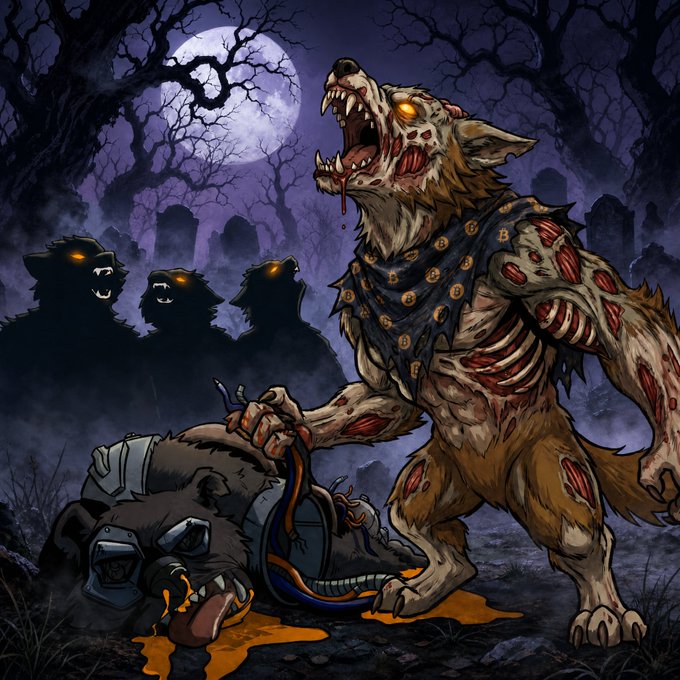 A fierce, zombified werewolf with glowing yellow eyes, bloody claws, and a $LOBO-branded bandana stands triumphantly in a moonlit graveyard alongside a pack of shadowy wolves, depicted in "BEAST MODE" to symbolize the aggressive, community-driven power of the $LOBO memecoin.