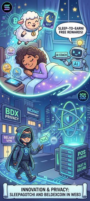 A cartoon promotional graphic for Web3 technology featuring a child sleeping with a sheep, an AI robot, and a hooded figure, with text reading 'SLEEP-TO-EARN FREE REWARDS!', 'BDX PRIVACY', 'BCHAT Messenger', 'BELNET VPN', 'PoS STAKING FAST & SECURE', and 'INNOVATION & PRIVACY: SLEEPAGOTCHI AND BELDEXCOIN IN WEB3'.