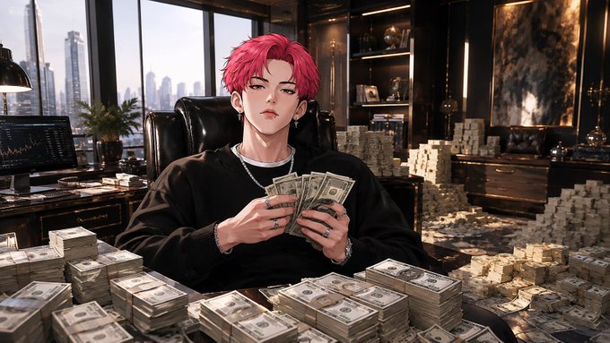 An anime-style illustration of a red-haired young man in a dark sweater sitting at a desk, surrounded by massive stacks of US dollar bills while counting cash.