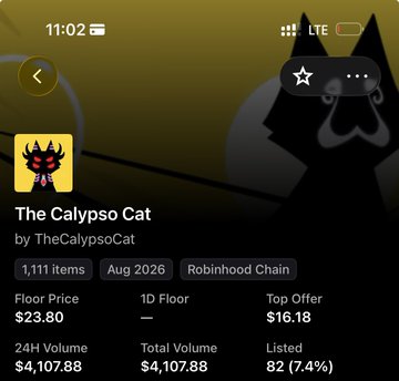 The screenshot displays the NFT collection "The Calypso Cat" by TheCalypsoCat on Robinhood Chain, showing 1,111 items with a floor price of $23.80 and total volume of $4,107.88, with 82 listed at 7.4%. The "pump my bags" sentiment humorously aligns with the modest 24H volume and the cat's confident, smirking expression, suggesting hopeful enthusiasm despite the relatively low trading activity.
