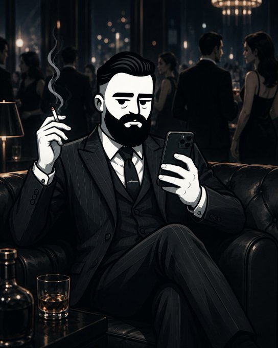 A stylized illustration of a bearded man in a dark pinstripe suit, holding a smoking cigarette in one hand and a smartphone in the other, seated in a leather chair at a dimly lit upscale lounge.
