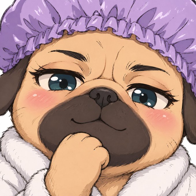 An anime-style illustration of a cute pug wearing a purple ruffled bonnet and white fluffy collar, with blushing cheeks and large blue eyes.