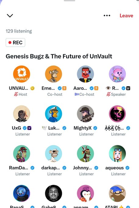 A screenshot of a Twitter Space recording titled 'Genesis Bugz & The Future of UnVault' showing 129 listeners, with UNVAULT as Host, Ernest as Co-host, and various NFT profile participants.