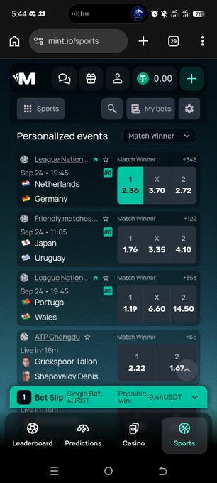 A mobile screenshot of the mint.io/sports betting platform displaying personalized events including Netherlands vs Germany, Japan vs Uruguay, Portugal vs Wales, and tennis matches, with a bet slip showing a possible win of 9.44 USDT.
