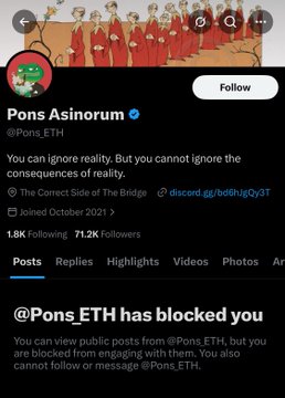 𝐖𝐡𝐚𝐭 𝐚 𝐦𝐨𝐫𝐧𝐢𝐧𝐠 @Pons_ETH has blocked you. You can view public posts from @Pons_ETH but not follow or message them.