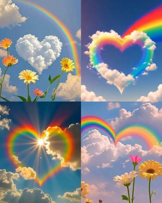 This collage features four serene sky scenes, each with rainbows and clouds shaped into hearts, complemented by blooming flowers. The heartwarming imagery evokes feelings of joy and hope.