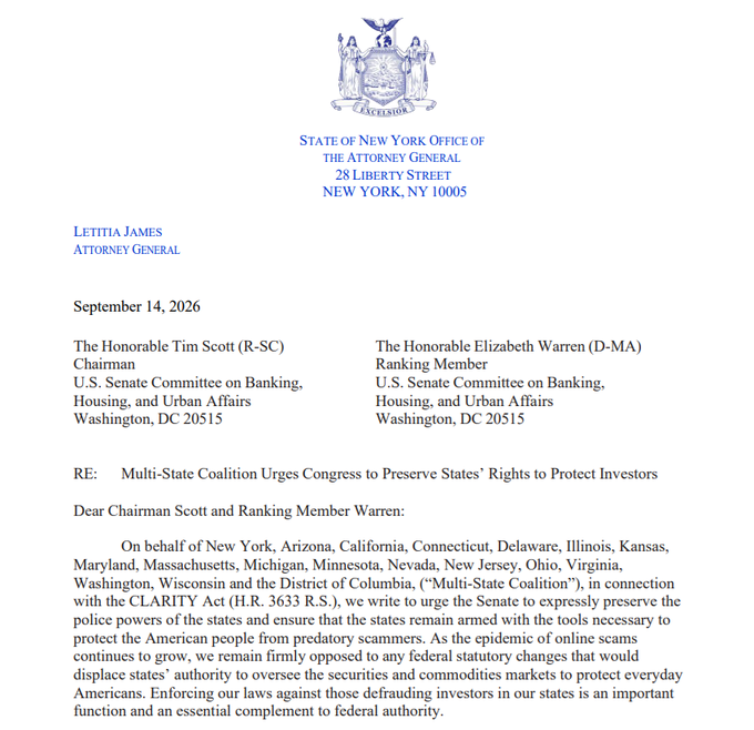 A letter dated September 14, 2026, from New York Attorney General Letitia James to Senate Banking Committee Chairman Tim Scott (R-SC) and Ranking Member Elizabeth Warren (D-MA), on behalf of an 18-state "Multi-State Coalition," urging Congress to preserve state authority to protect investors from scams in connection with the CLARITY Act.