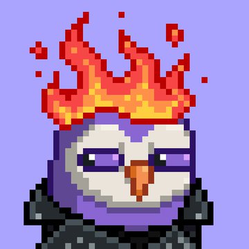 A pixel art illustration of an owl character with purple and white feathers wearing a dark outfit, with red and yellow flames depicted above its head against a light purple background.