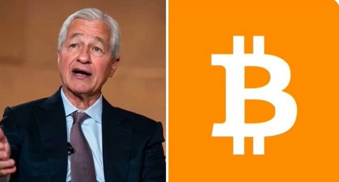The image shows Jamie Dimon, CEO of JPMorgan, alongside a large Bitcoin (₿) symbol on an orange background. The visual pairs Dimon with Bitcoin to illustrate the accompanying post about JPMorgan's warning that traditional finance's development of private blockchains poses a bigger long-term risk to Bitcoin than regulation—though private networks lack Bitcoin's core advantages of decentralization, fixed supply, and censorship resistance.