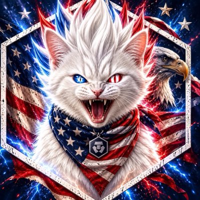 An AI-generated image features a snarling white cat wearing an American flag bandana, positioned within a hexagonal shield alongside a bald eagle.