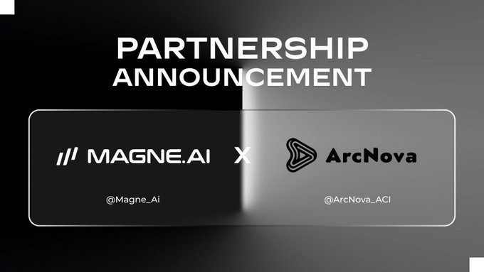 A sleek black-and-white partnership announcement graphic featuring the Magne.AI and ArcNova ACI logos separated by an "X" symbol, with social handles "@Magne_Ai" and "@ArcNova_ACI" displayed below each logo, promoting their collaboration on AI-native cinematic infrastructure for Web3 storytelling.