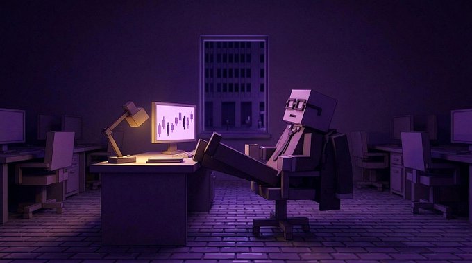A stylized 3D illustration of a cubical, paper-like character wearing glasses and a tie, sitting with feet up on a desk in a dark, purple-lit office while looking at a computer monitor displaying a bar chart.