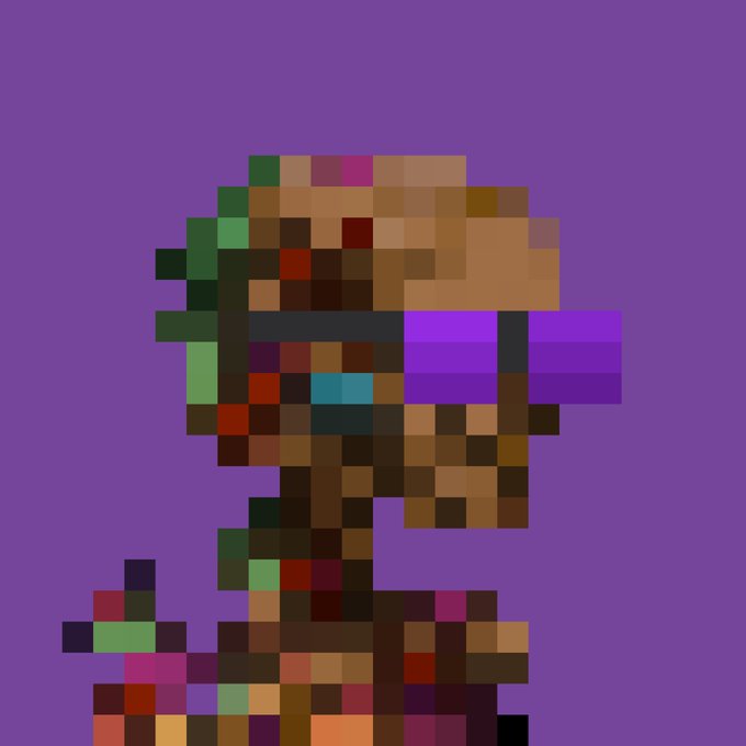 A highly pixelated, low-resolution image featuring a brown, green, and purple figure against a solid purple background, with a smaller multicolored pixelated element at the bottom left, matching the "1T. @lphaCentauriKid" post's likely reference to a 1st-anniversary NFT or pixel art profile.