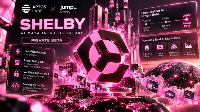 A promotional graphic for 'SHELBY AI DATA INFRASTRUCTURE PRIVATE BETA' by Aptos Labs x jump crypto, featuring a glowing pink hexagonal logo, features text including 'From Testnet to Private Beta', 'Fast Global Access', 'Lower Data Costs ~70% cheaper', 'Verifiable & Controlled On-chain verification via Aptos', and 'Developer Friendly Ethereum - Solidity - React S3 Compatible'.
