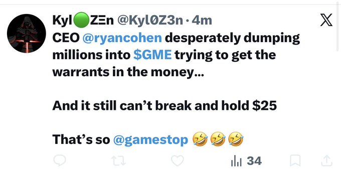 A screenshot of a tweet from "Kyl🟢ZƎn" (@KylOZ3n) with 34 views, claiming that CEO @ryancohen is "desperately dumping millions into $GME trying to get the warrants in the money" and mocking that the stock still can't break $25, accompanied by the accompanying post calling out the poster as being misguided about $GME.
