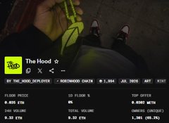 A dark video screenshot with MTV logo showing 'The Hood' title and stats including floor price, ID, top offer, volume, and listed by THE_HOOD_DEPLOYER, with a person in a hoodie holding a yellow object visible.