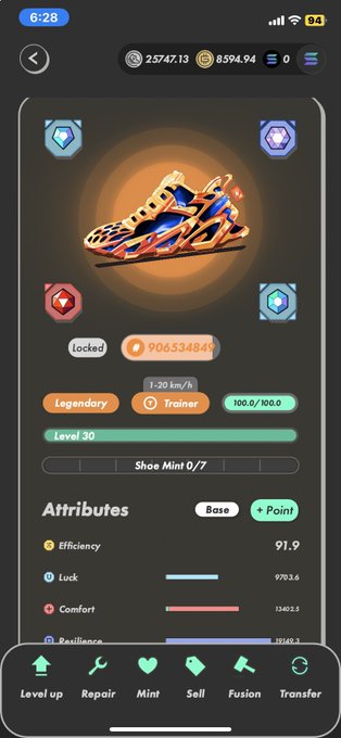 A mobile game screen showing a Legendary level 30 sneaker NFT with attributes including Efficiency (91.9), Luck (9703.6), Comfort (13402.5), and Resilience, displayed with various menu options like Level up, Repair, Mint, and Fusion.
