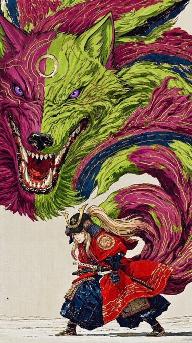 Artwork depicting a samurai warrior in traditional red armor and helmet standing before a massive, snarling two-headed wolf demon with green and magenta fur.