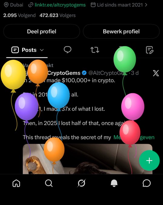 A social media profile page for CryptoGems (@AltCryptoGems) with 2,095 following and 472,623 followers is decorated with colorful party balloons in celebration of the user's birthday, fitting the festive "Goooood morning!! Last day before heading towards Singapore! Oh, and it's my BIRTHDAY!" caption.