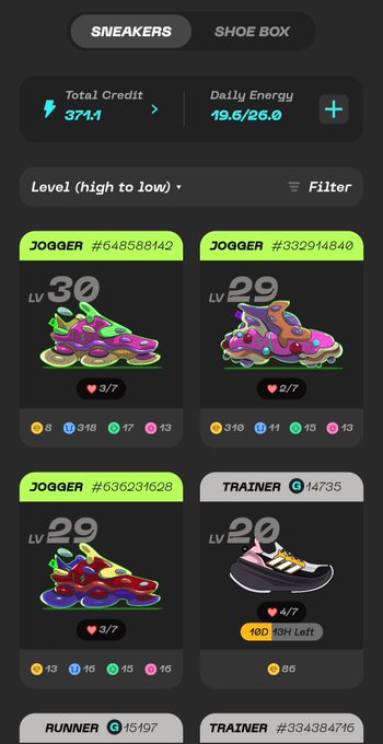 A sneaker NFT collection app interface showing 'Total Credit 371.1' and 'Daily Energy 19.6/26.0', with sneakers categorized as JOGGER (LV 30, 29, 29) and TRAINER (LV 20), each showing energy hearts and stat values.